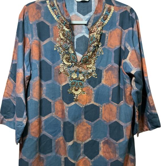Soft Surroundings Beaded Embellished Tunic Top Blouse Blue Rust Honeycomb Print - Picture 5 of 8